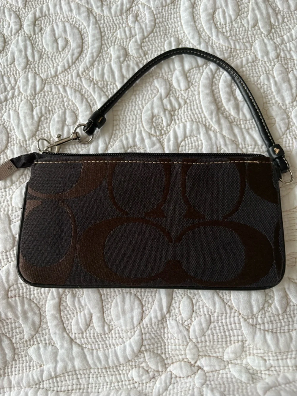 Coach Dark Brown Signature Canvas Wristlet Clutch